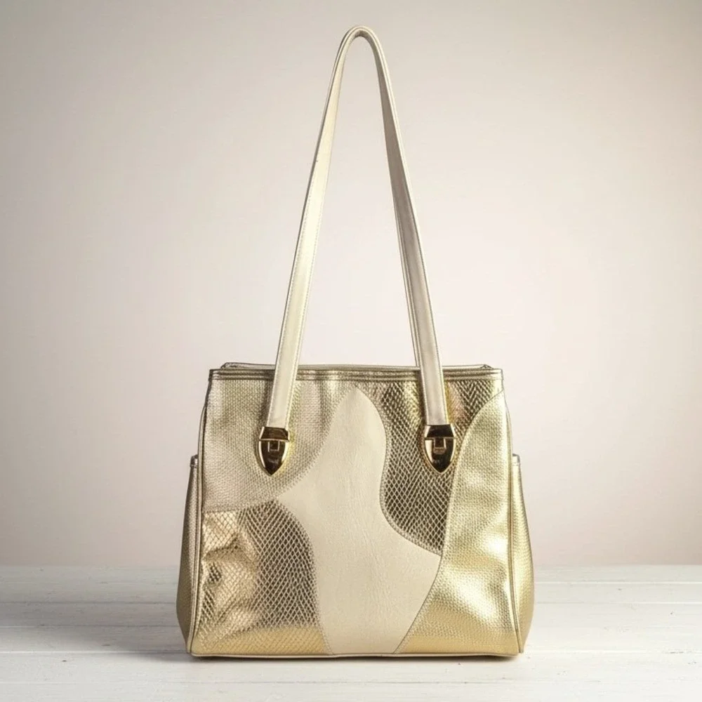 Glam Vintage Shoulder Bag Medium Gold Cream Faux Leather Structured Box Unique‎